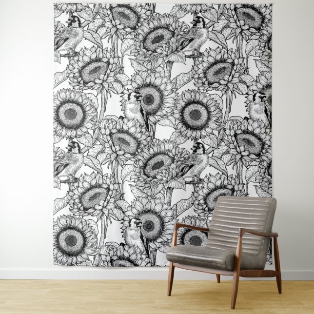 Sunflowers and goldfinches in black and white tapestry (In Situ)