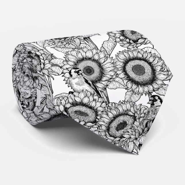 Sunflowers and goldfinches in black and white tie (Rolled)
