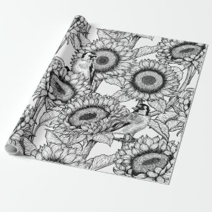 Sunflowers and goldfinches in black and white wrapping paper