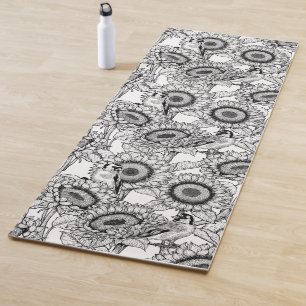 Sunflowers and goldfinches in black and white yoga mat