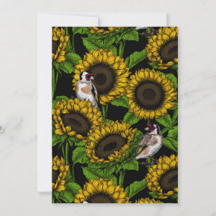 Sunflowers and goldfinches on black