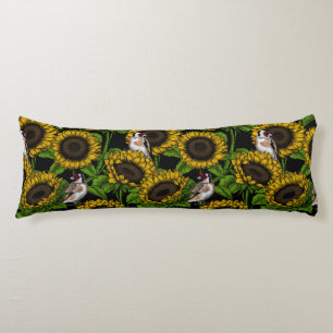 Sunflowers and goldfinches on black body cushion