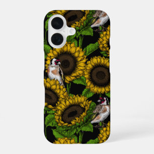 Sunflowers and goldfinches on black iPhone 16 case