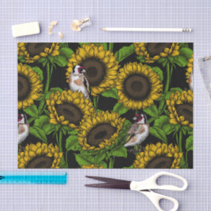 Sunflowers and goldfinches on black tissue paper