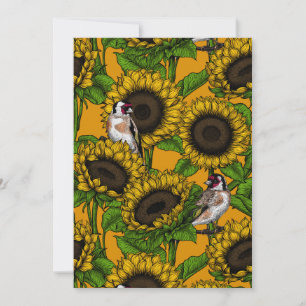 Sunflowers and goldfinches on orange
