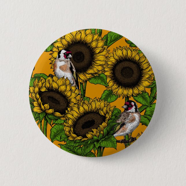 Sunflowers and goldfinches on orange 6 cm round badge (Front)