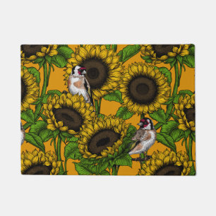 Sunflowers and goldfinches on orange doormat