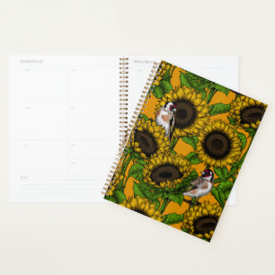 Sunflowers and goldfinches on orange planner