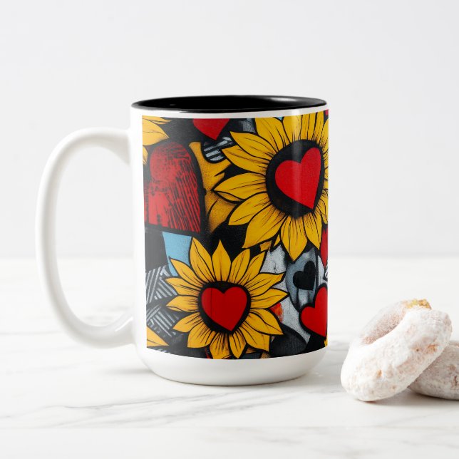 sunflowers and hearts Two-Tone coffee mug (With Donut)