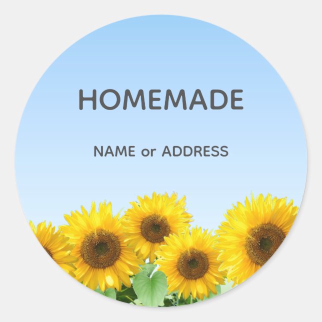 Sunflowers and Homemade Text on Light Blue Classic Round Sticker (Front)