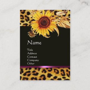 SUNFLOWERS AND LEOPARD FUR PINK GEMSTONE MONOGRAM BUSINESS CARD