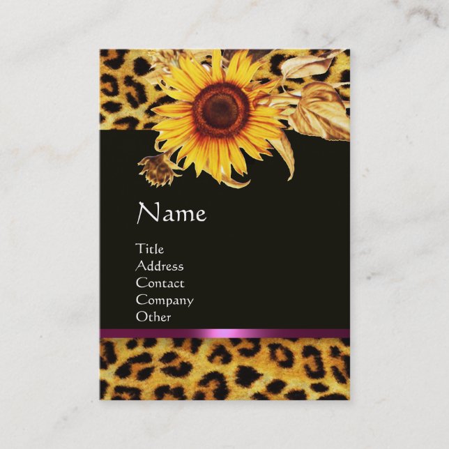 SUNFLOWERS AND LEOPARD FUR PINK GEMSTONE MONOGRAM BUSINESS CARD (Front)
