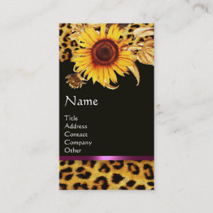SUNFLOWERS AND LEOPARD FUR PINK GEMSTONE MONOGRAM BUSINESS CARD