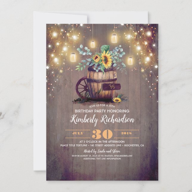 Sunflowers and Mason Jar Lights Rustic Birthday Invitation (Front)
