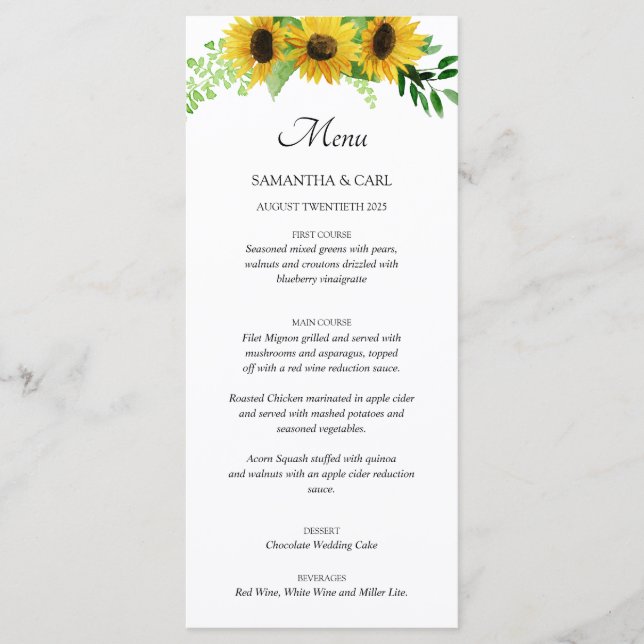 sunflowers and navy menu (Front)