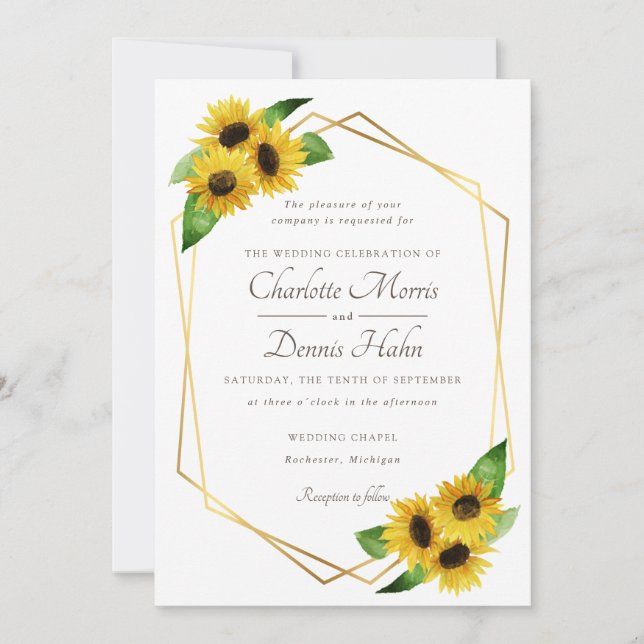 Sunflowers and navy wedding invitation (Front)