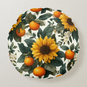 Sunflowers and Oranges Autumn Design Round Cushion