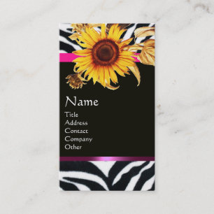 SUNFLOWERS AND PINK BLACK WHITE ZEBRA FUR MONOGRAM BUSINESS CARD
