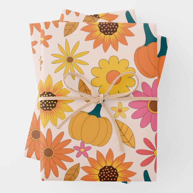 Sunflowers and Pumpkins Fall Pattern  Wrapping Paper Sheet (In situ)