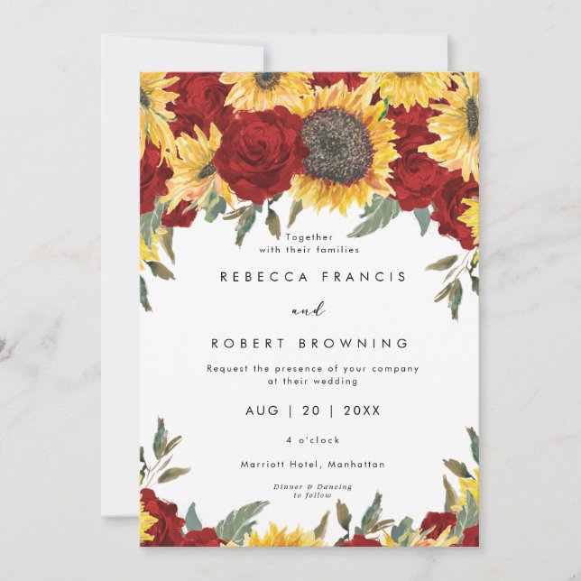sunflowers and red roses wedding invitation (Front)