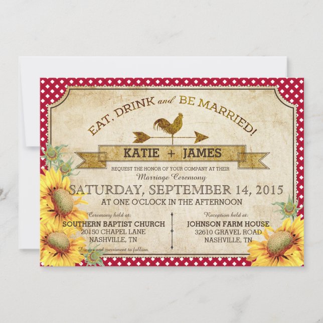 Sunflowers and Rooster Picnic Wedding Invitation (Front)