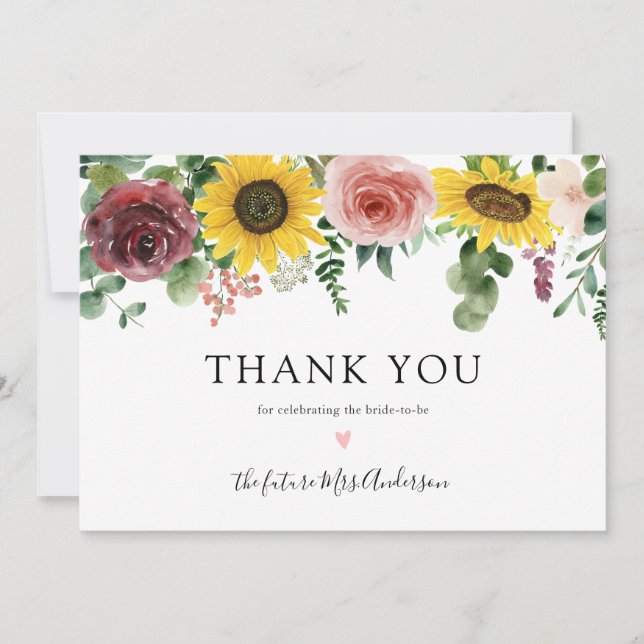 Sunflowers and Roses Bridal Shower Thank You (Front)