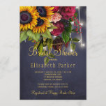 Sunflowers and roses rustic navy bridal shower invitation<br><div class="desc">Rustic country bridal shower stylish invitation template on dark midnight navy blue chalkboard background featuring a big yellow gold sunflowers and red burgundy roses bouquet, strings of twinkle white lights, and a faux gold typography script. Easy to personalise with your details! You can choose to customise it further changing fonts...</div>