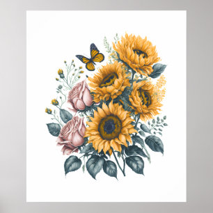 Sunflowers and Roses Watercolor Bouquet Painting Poster