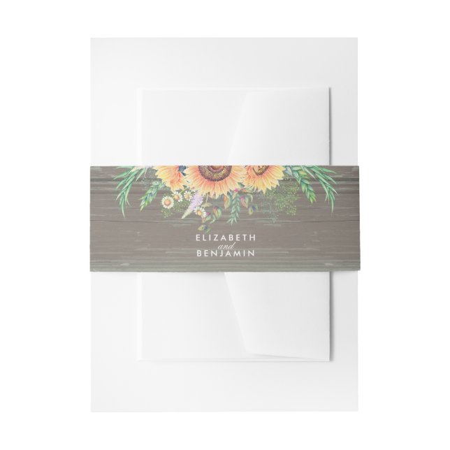 Sunflowers and Rustic Wood Floral Country Wedding Invitation Belly Band (Front Example)