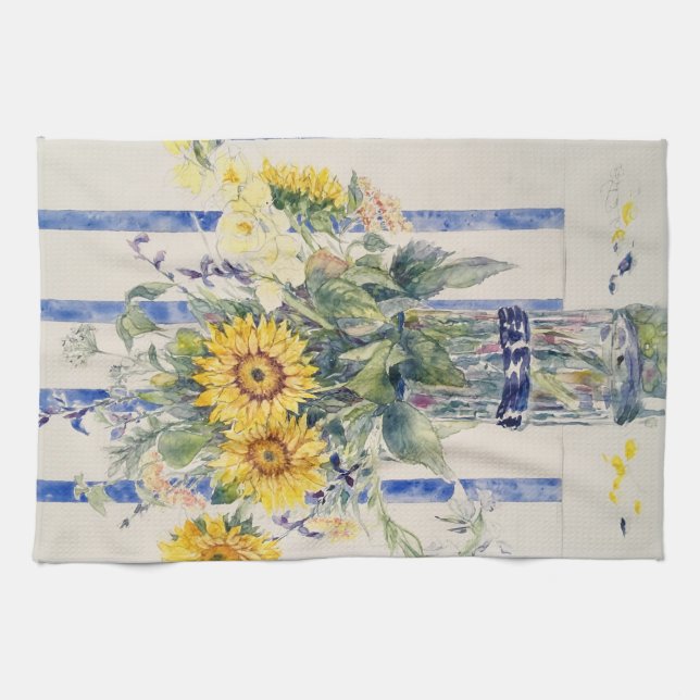 Sunflowers and stripes tea towel (Horizontal)