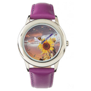 SUNFLOWERS AND SUMMER SUNSET, PINK CLOUDS AND GEMS WATCH