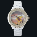 SUNFLOWERS AND SUMMER SUNSET WITH PINK CLOUDS WATCH<br><div class="desc">Colourful photo , Summer landscape with magic pink purple clouds and sunflowers  Artistic Photography and graphic design by Alessandro Lumini (c)</div>