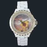 SUNFLOWERS AND SUMMER SUNSET WITH PINK CLOUDS WATCH<br><div class="desc">Colourful photo , Summer landscape with magic pink purple clouds and sunflowers Artistic Photography and graphic design by Alessandro Lumini (c)</div>