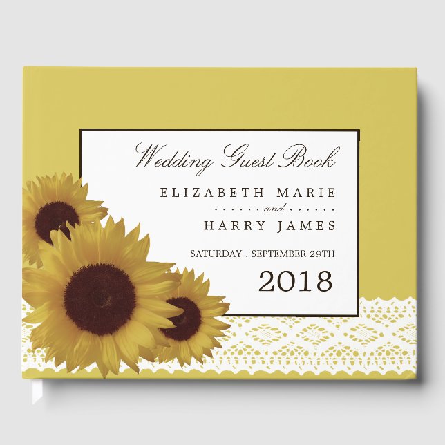 Sunflowers and Vintage Lace Wedding Guest Book (Front)