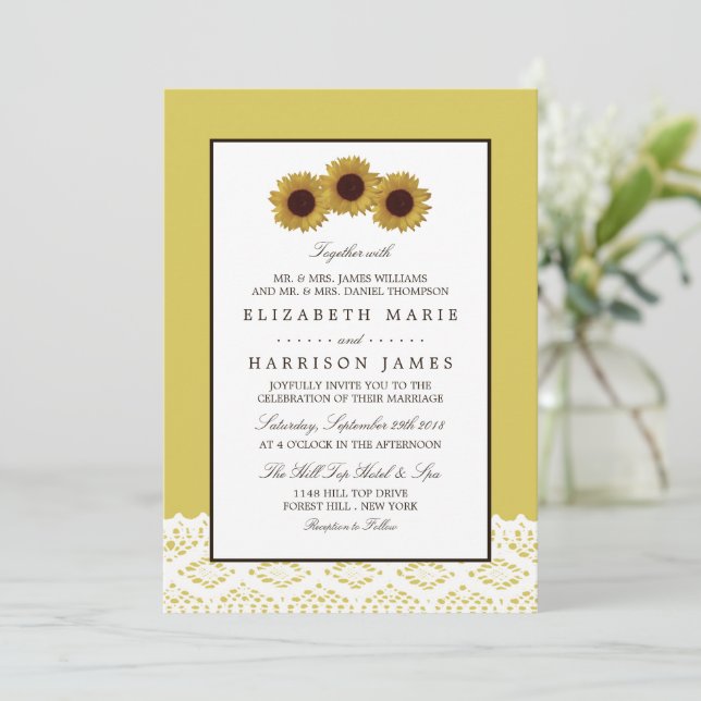 Sunflowers and Vintage Lace Wedding Invitation (Standing Front)