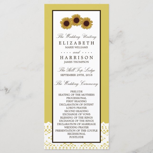 Sunflowers and Vintage Lace Wedding Program Programme (Front)