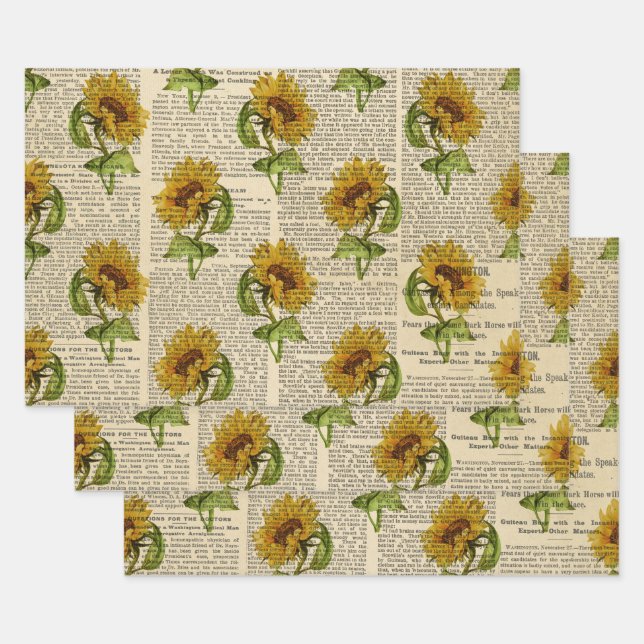 Sunflowers and Vintage Newsprint Wrapping Paper Sheet (Set)