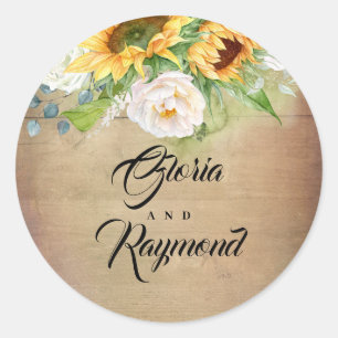 Sunflowers and White Roses Rustic Fall Wedding Classic Round Sticker