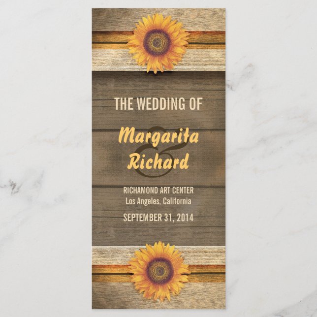 sunflowers and wood country wedding programs programme (Front)