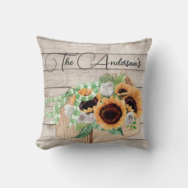 Sunflowers and Wood Custom Throw Pillow (Front)
