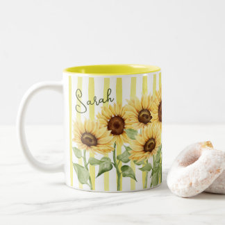 Sunflowers and yellow stripes 11oz coffee mug