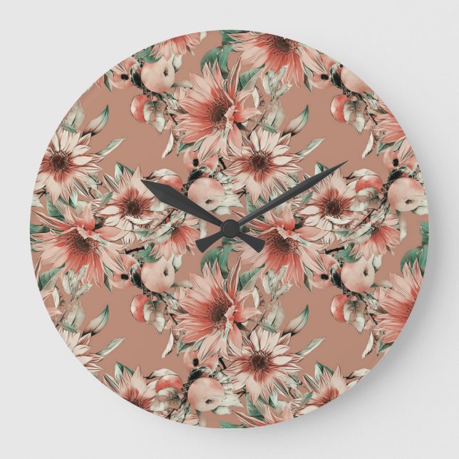 Sunflowers, apples: autumn watercolor pattern large clock (Front)