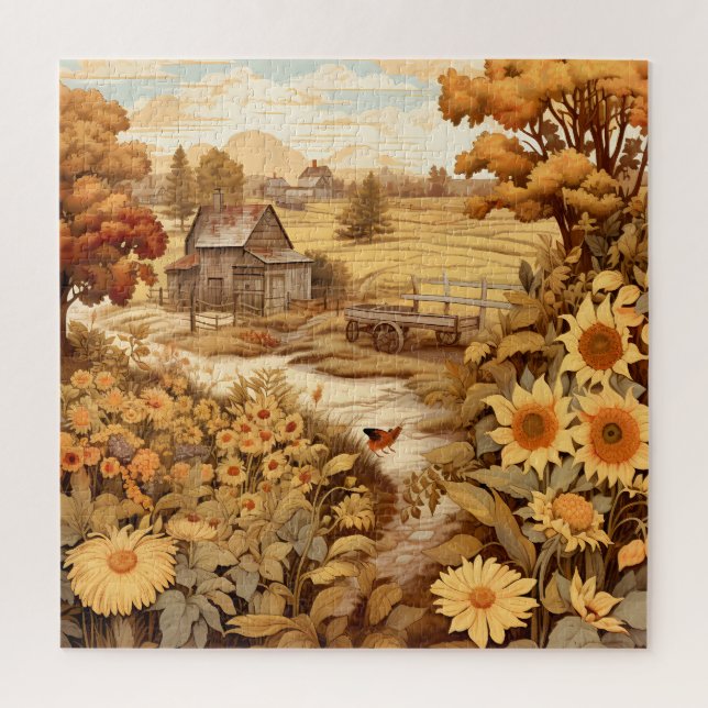 Sunflowers Autumn Leaves Country Farm Barn Jigsaw Puzzle (Vertical)