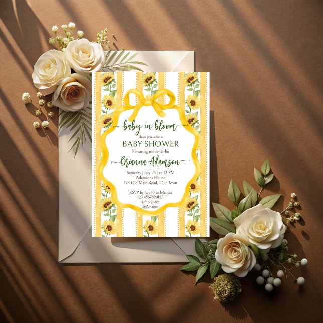 Sunflowers baby in bloom baby shower template (Sunflowers baby in bloom retro stripes wavy bow border baby shower invitation cards template)