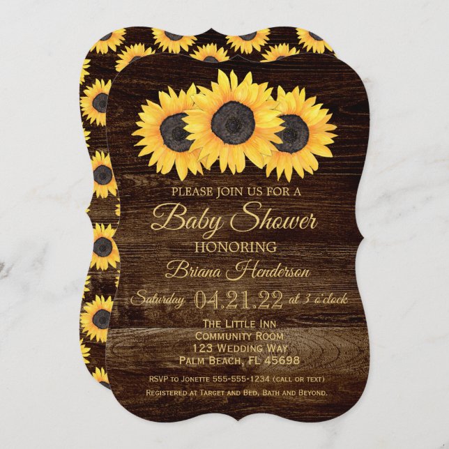 Sunflowers Baby Shower Invitation Rustic Wood (Front/Back)
