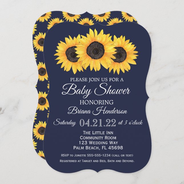 Sunflowers Baby Shower Invitations Rustic Blue (Front/Back)