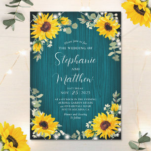 Sunflowers Babys Breath Lights Teal Wood Wedding Invitation