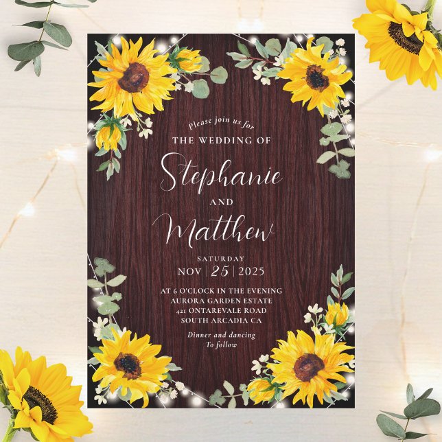 Sunflowers Babys Breath Lights Wood Wedding Invitation (Creator Uploaded)