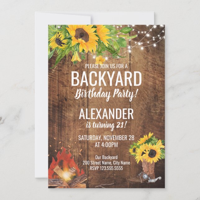 Sunflowers Backyard Bonfire Birthday Invitation (Front)