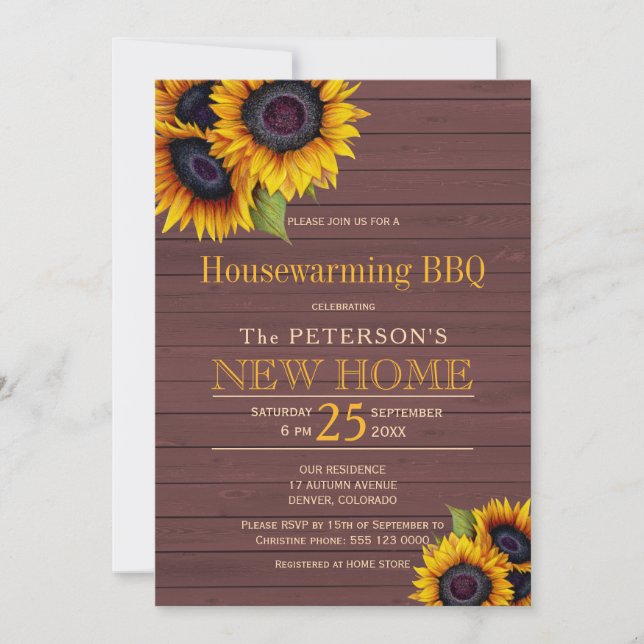 Sunflowers barn wood autumn housewarming bbq invitation (Front)
